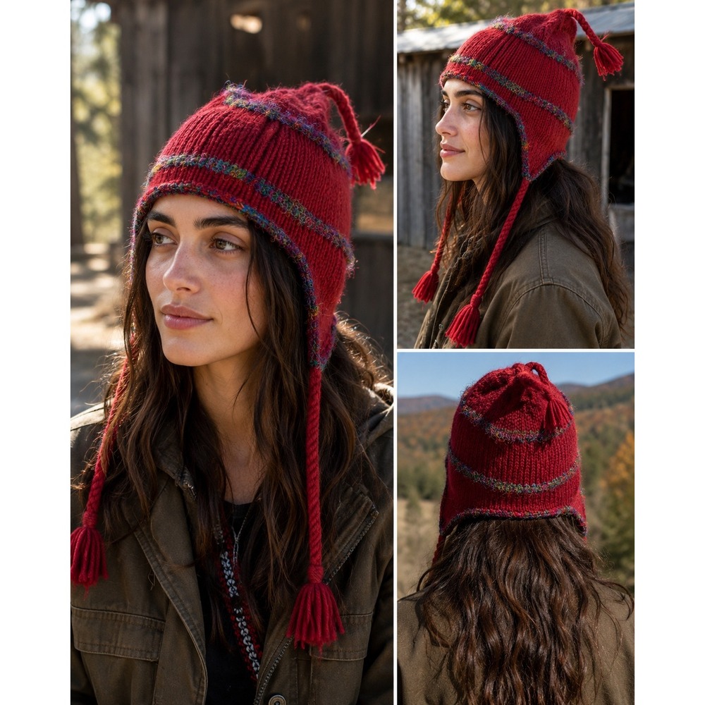 Venus‎ Imports Red Wool Silk Knit Earflap Hat Tassel Boho Beanie Made in Nepal